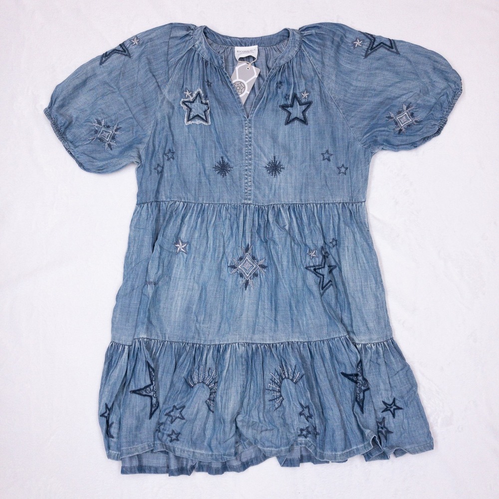 Bohera Prairie Hymn Embroidered Dress Womens Large Blue Star Celestial Tiered